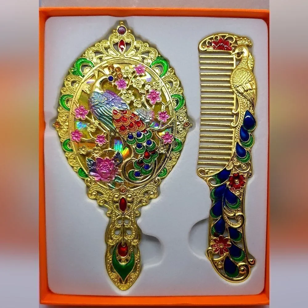 Vintage Peacock Mirror Comb Gift Box Set Yellow Gold Rhinestone Regency Vanity